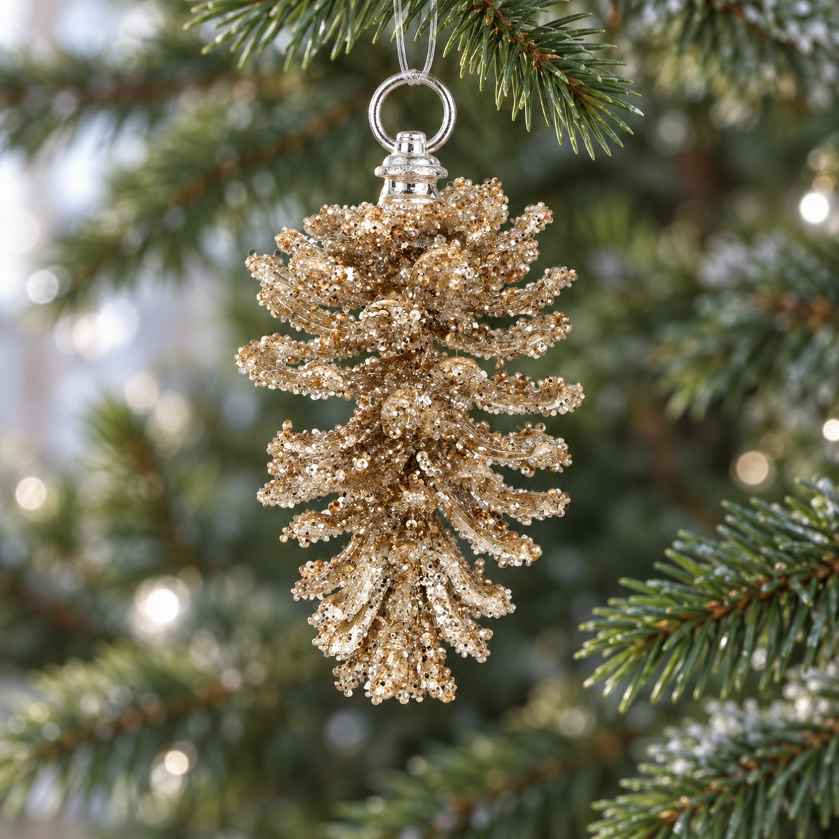 7'' Champagne Glitter Iced Pinecone Ornament Set Of 6