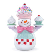 Decorative snowman figurine with cupcake hats and a pink bow tie on a white background