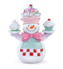 Decorative snowman figurine with cupcake hats and a pink bow tie on a white background