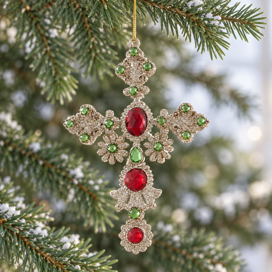 7" Red & Green Rhinestone Cross Ornament Set Of 6