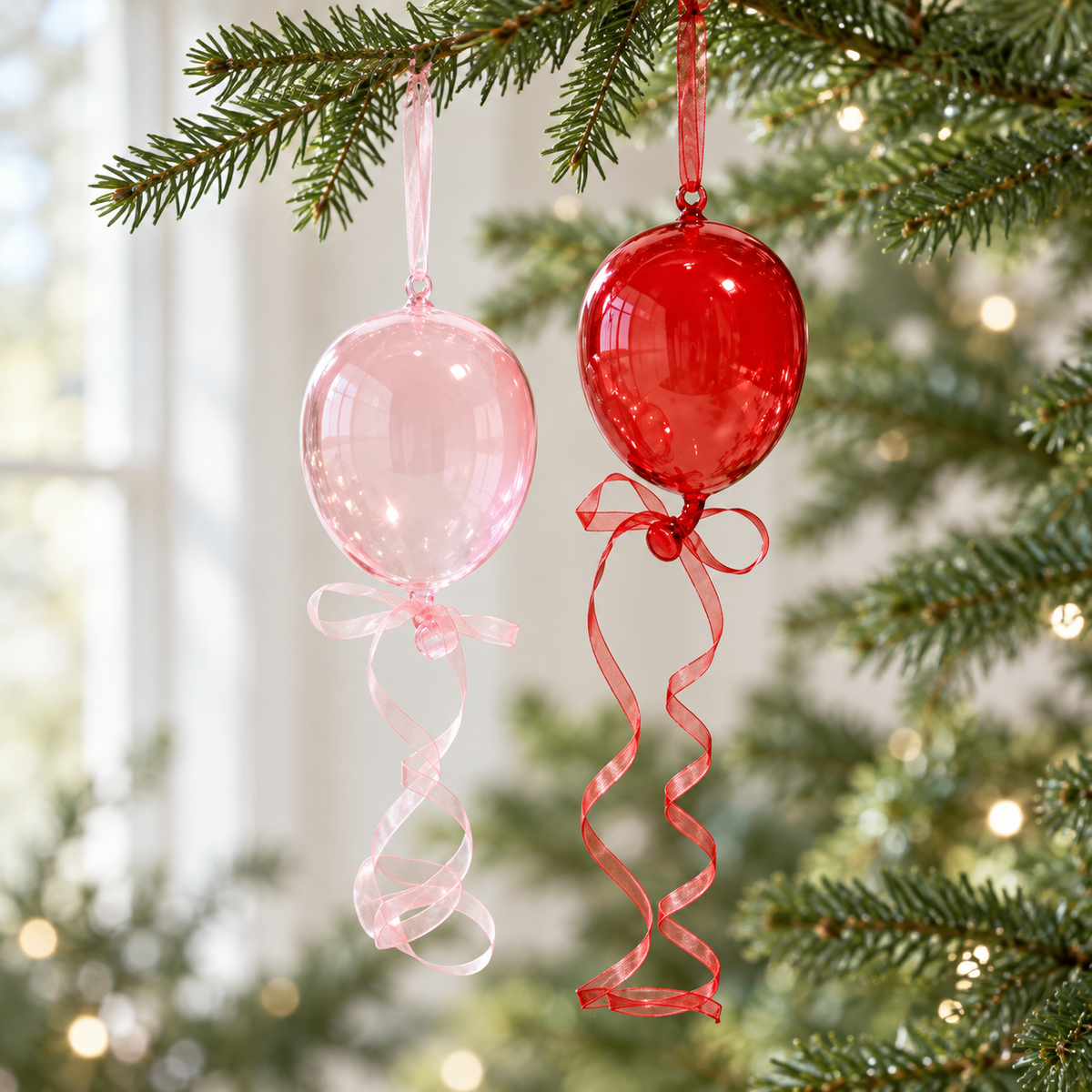 8" Pink & Red Balloon Glass Ornament Set Of 8