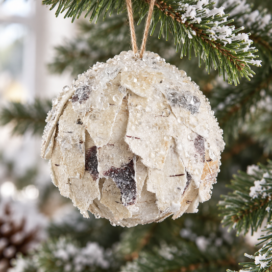 5" Ivory Beaded Birch Ball Ornament Set Of 4