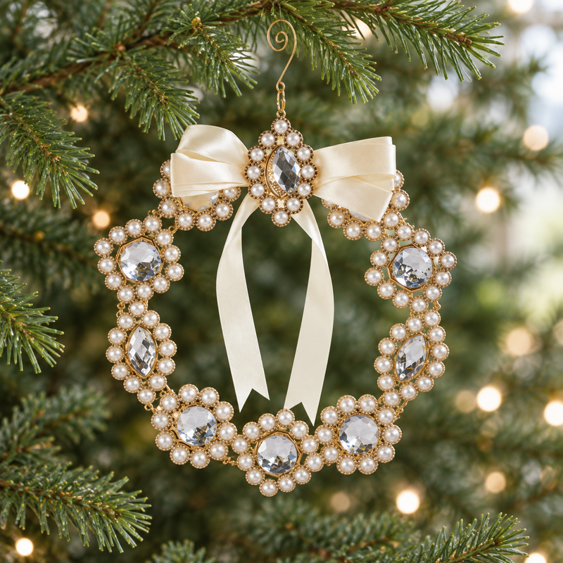 Set de 2 adornos de 10" con forma de corona de perlas y joyas con lazo