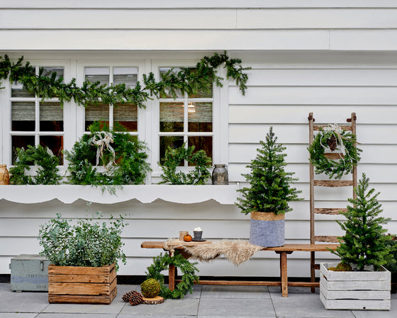 Grandis Set 2 Pre-Lit Trees, Wreath, & Garland Battery Operated