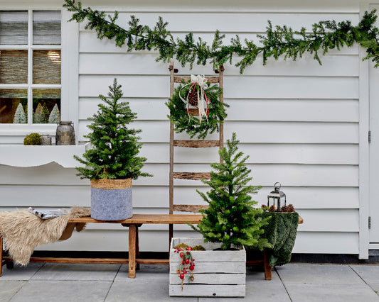 Grandis Set 2 Pre-Lit Trees, Wreath, & Garland Battery Operated
