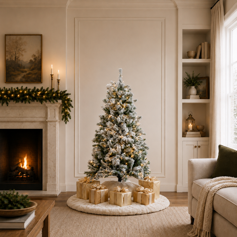 Árbol de Navidad floculento de 1,83 m con luces claras preinstaladas