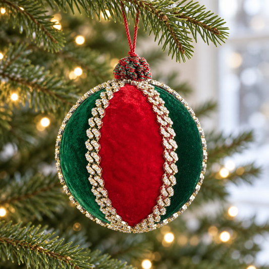 5" Diamond Red & Green Velvet Ball Ornament Set Of 2