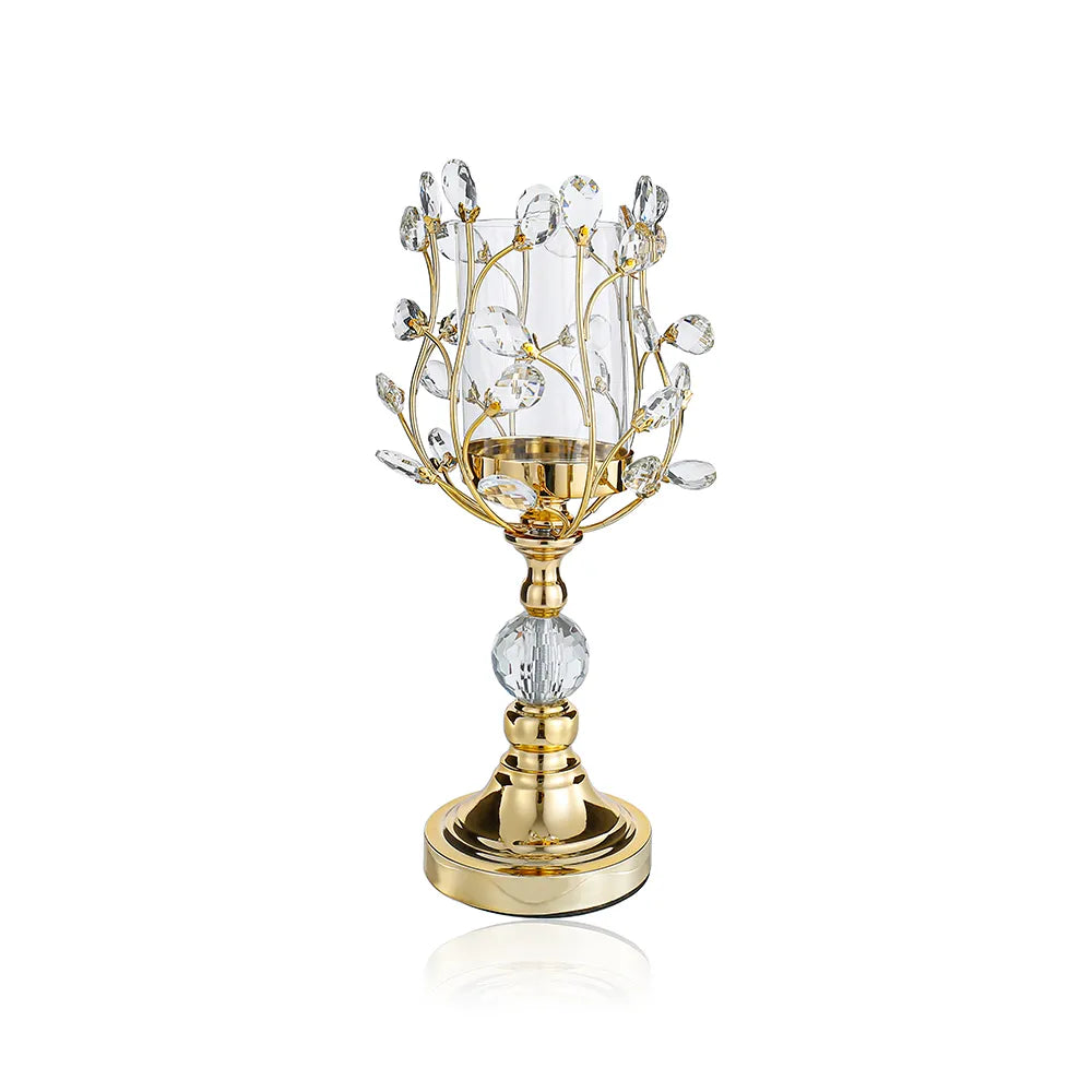 16.5" Crystal Candle Holder With Gold Jeweled Base