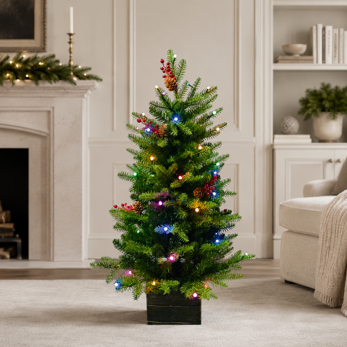 Árbol de montaña en maceta de 1,07 m con luces LED cálidas y multicolor preiluminadas