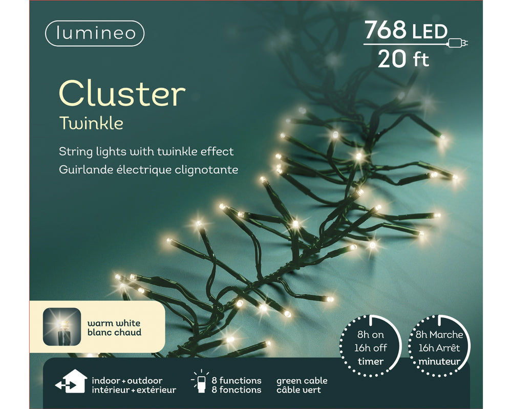 23 FT 768 LED Warm White Cluster Lights With Green Wire 8 Function Twinkle