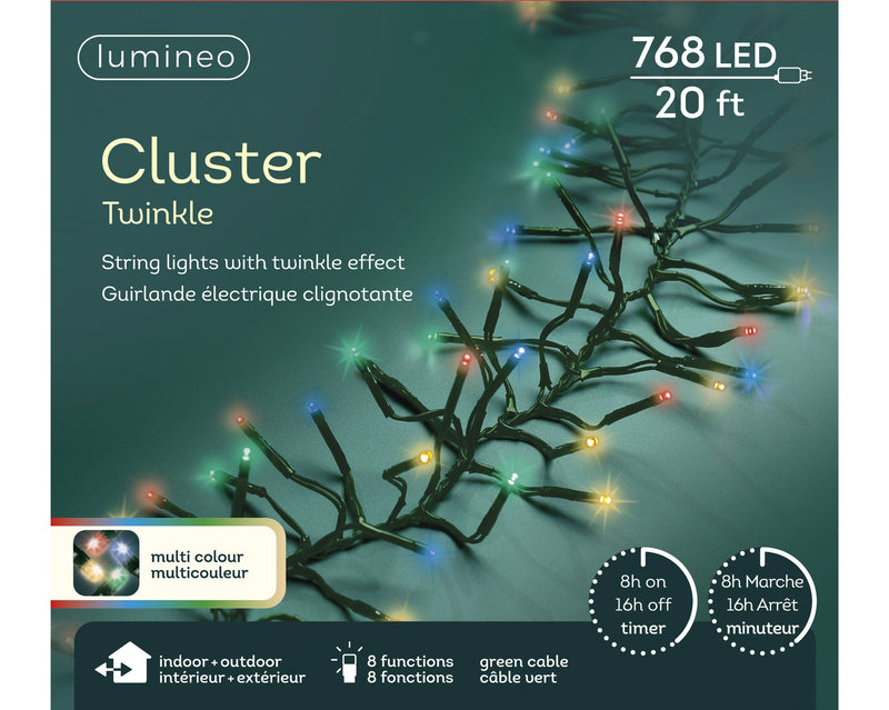 Luces agrupadas multicolores de 768 LED de 23 pies con cable verde, 8 funciones centelleantes