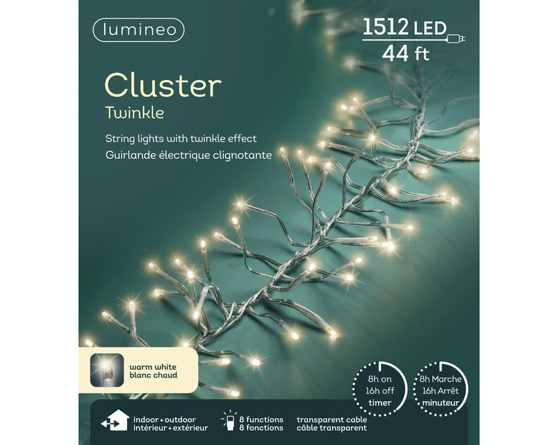 46 FT Cluster 1512 LED Warm White Trasnsparent Wire 8 Funtion Twinkle