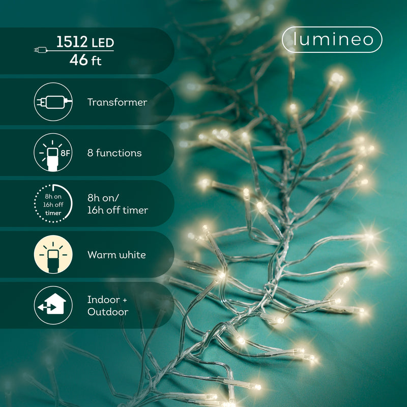 46 FT Cluster 1512 LED Warm White Trasnsparent Wire 8 Funtion Twinkle