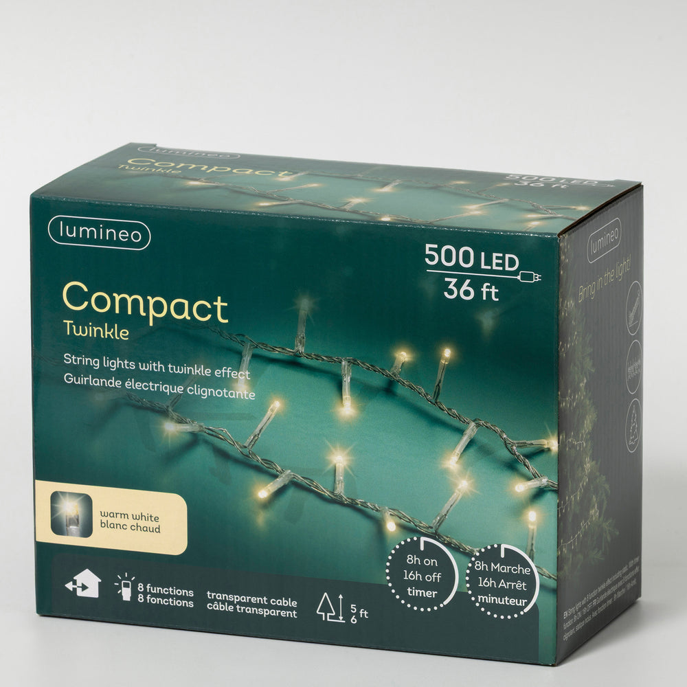 36 FT Compact 500 LED Warm White Transparent Wire 8 Function Twinkle