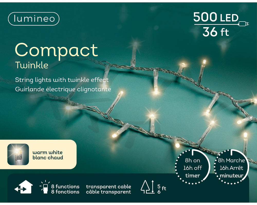 36 FT Compact 500 LED Warm White Transparent Wire 8 Function Twinkle
