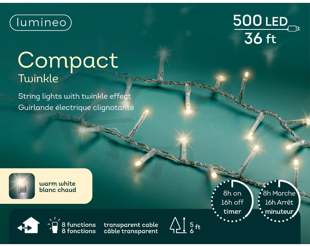 36 FT Compact 500 LED Warm White Transparent Wire 8 Function Twinkle