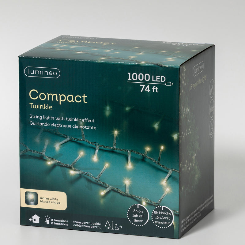 74 FT Compacto 1000 LED Blanco Cálido Cable Transparente 8 Funciones Parpadeo