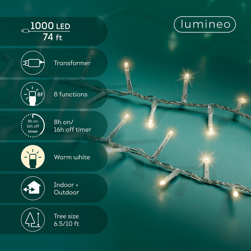 74 FT Compacto 1000 LED Blanco Cálido Cable Transparente 8 Funciones Parpadeo