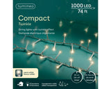 74 FT Compact 1000 LED Warm White Transparent Wire 8 Function Twinkle