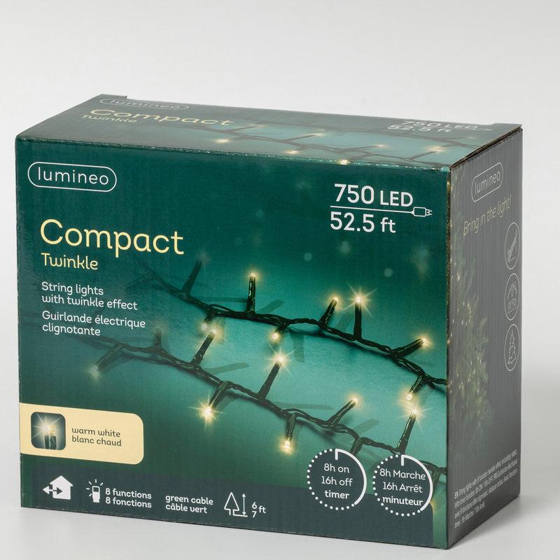 53 pies, 750 luces LED compactas de color blanco cálido con cable verde