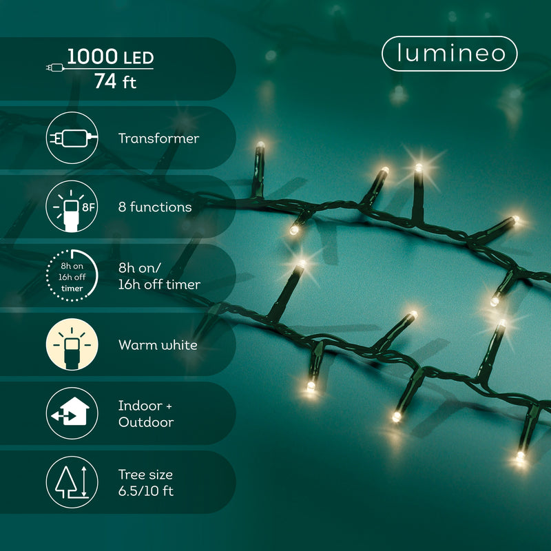 74 FT Compact 1000 LED Warm White Green Wire 8 Function Twinkle