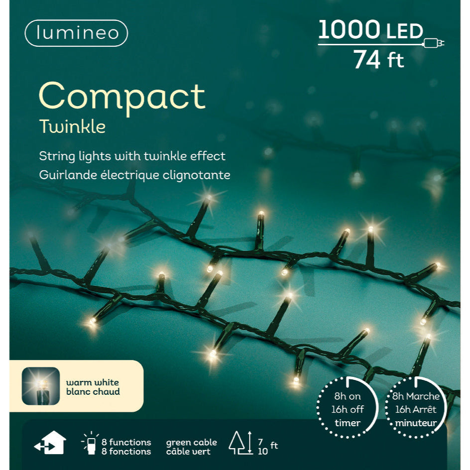 74 FT Compact 1000 LED Warm White Green Wire 8 Function Twinkle