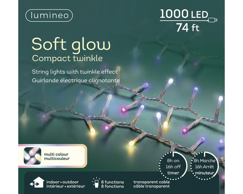 Luces de cadena compactas de 74 pies y 1000 LED con cable transparente