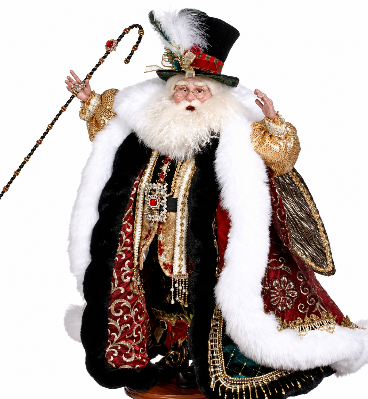 Regal holiday Santa in velvet and fur with timeless elegance.