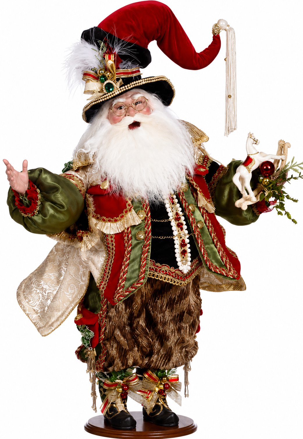 Decorative figure of a festive character with a red hat and white beard, holding a bag and a staff.