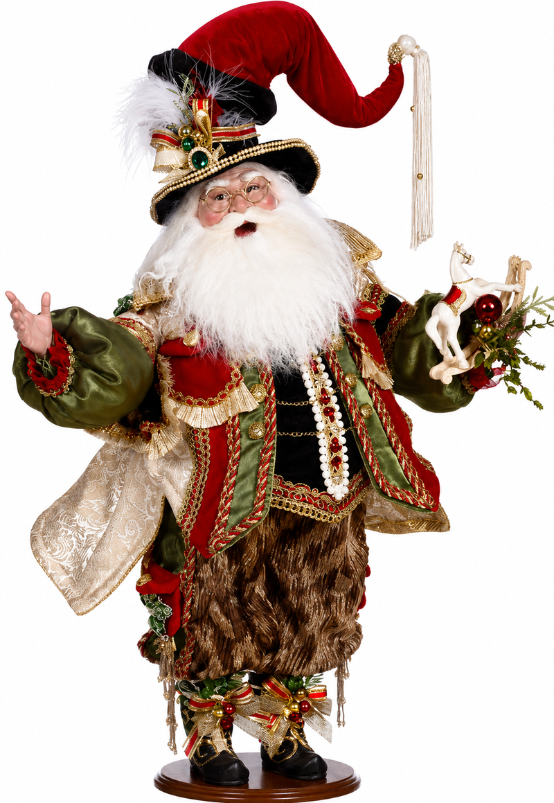 Decorative figure of a festive character with a red hat and white beard, holding a bag and a staff.
