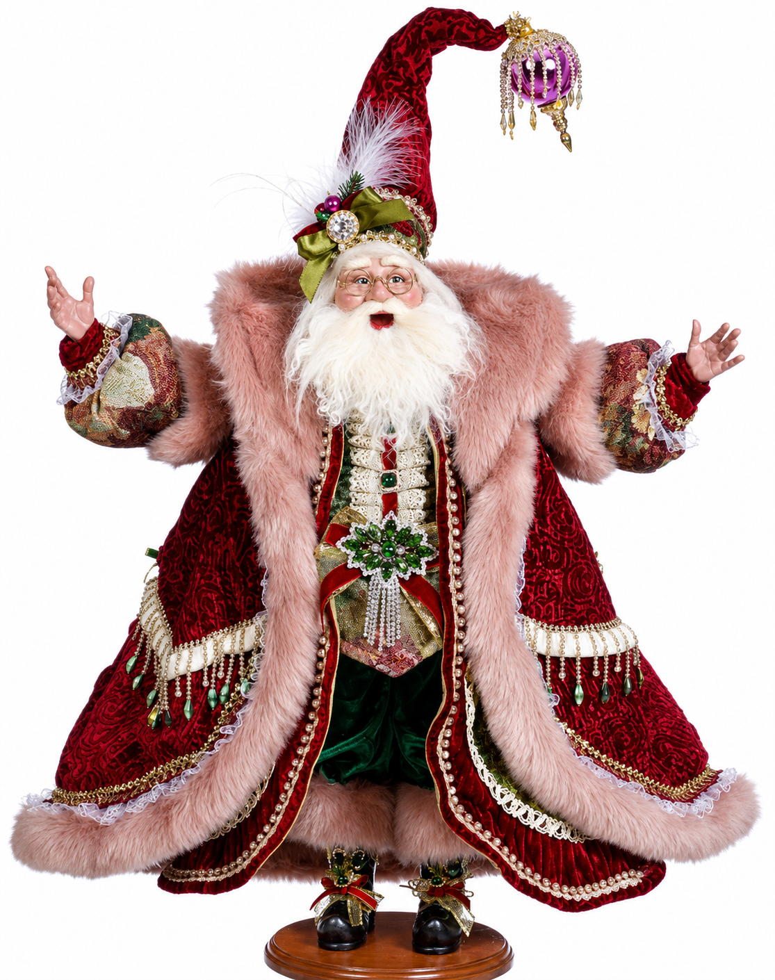Luxurious Santa adorned with blush fur and jeweled accents.