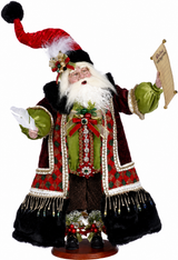 Decorative Christmas figure of a Santa Claus with a detailed outfit on a white background