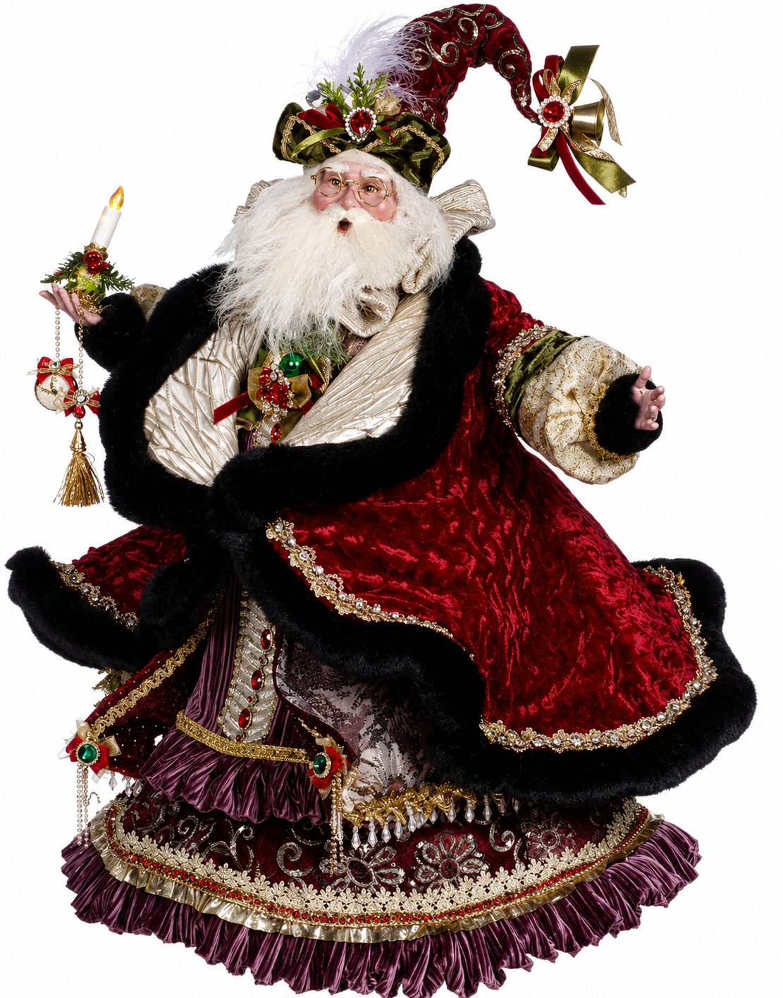 Luxurious crimson velvet Santa with jeweled holiday slendor.