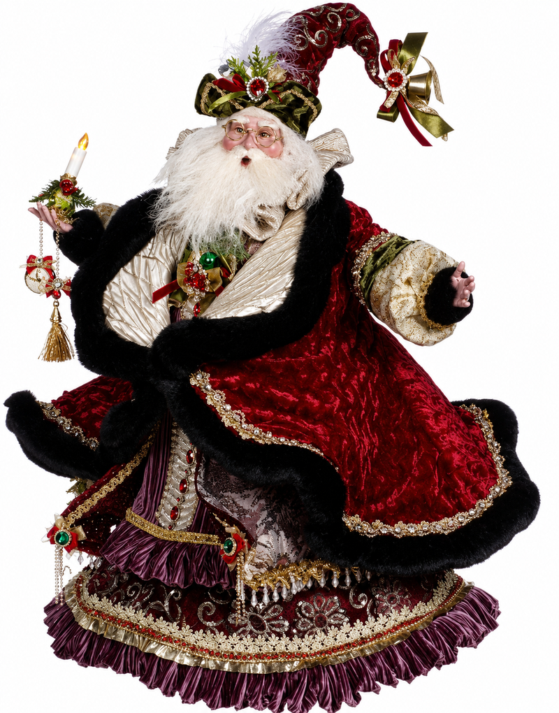 Luxurious crimson velvet Santa with jeweled holiday slendor.