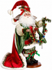 Decorative Santa with a red jeweled hat holding a wreath on a white background