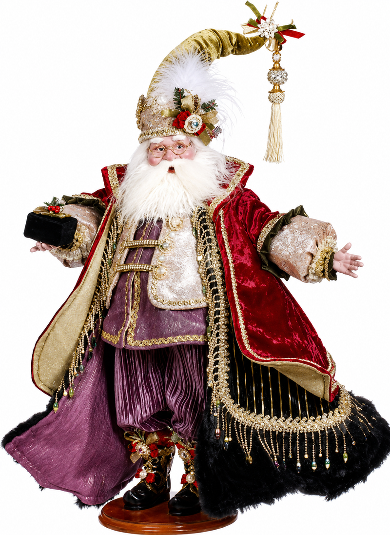 Opulent holiday Santa in crimson velvet with regal festive details.