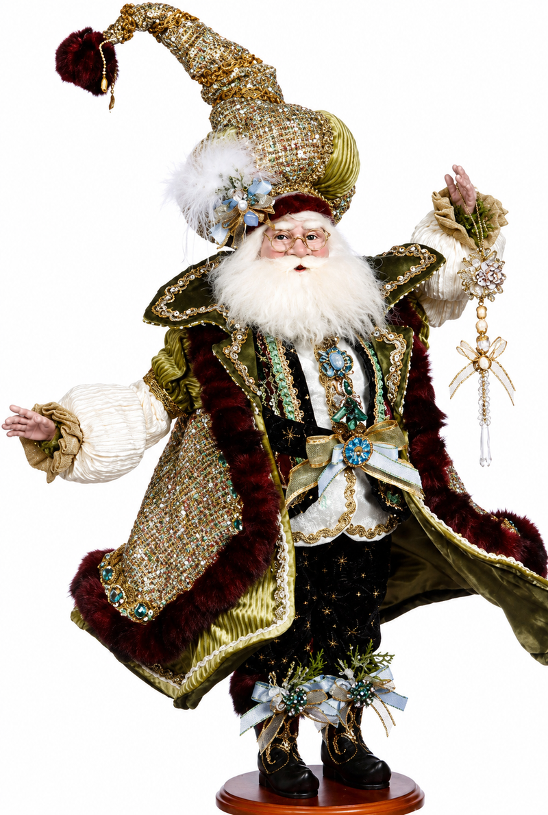 Elegant, jeweled Santa elf in lavish gold holiday attire.