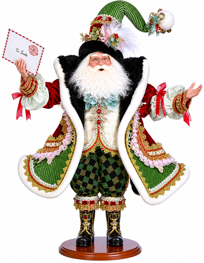 Decorative figure of a jester-like character holding a letter on a white background