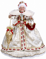 Decorative figure of a woman in an ornate white and red dress with a white background