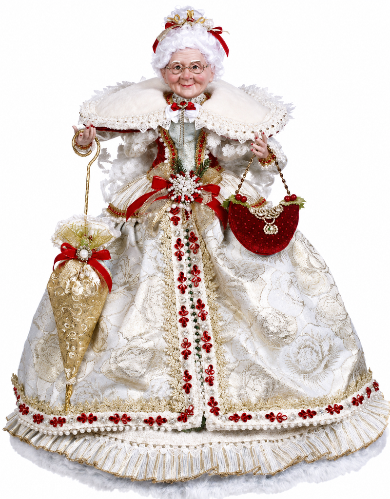 Decorative figure of a woman in an ornate white and red dress with a white background