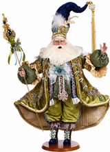 Elegant, jeweled elf in olive velvet with whimsical holiday charm.