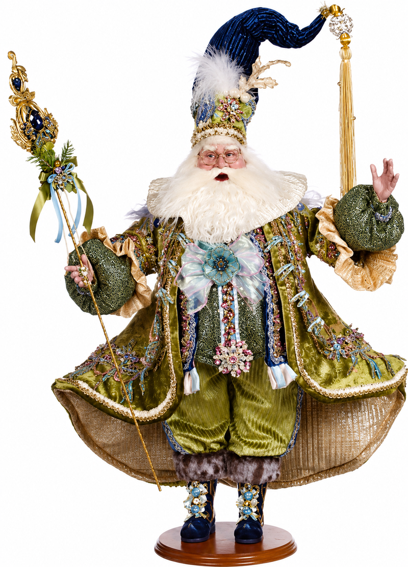 Elegant, jeweled elf in olive velvet with whimsical holiday charm.