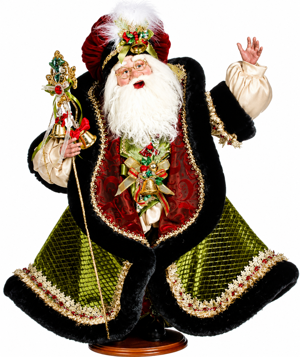 Regal holiday Santa in rich velvet with festive jeweled details.