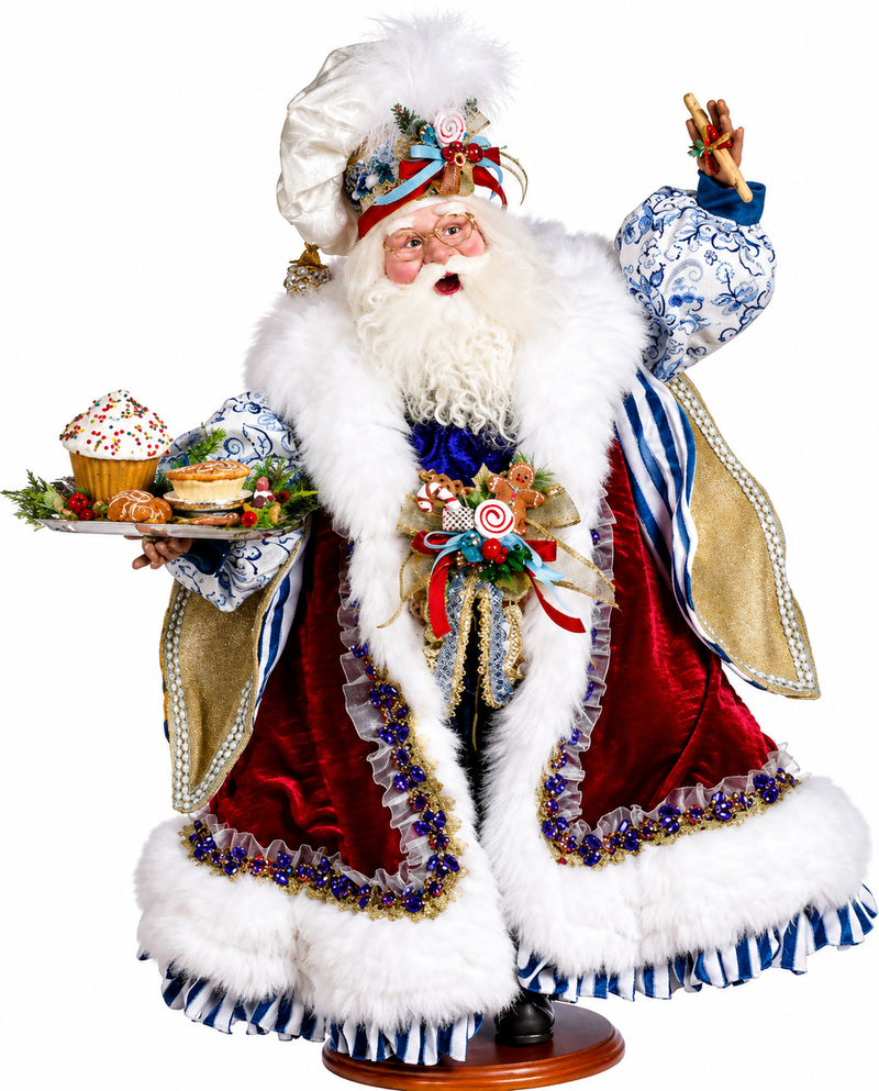 Decorative Santa carrying cupcake with tray on a white background.