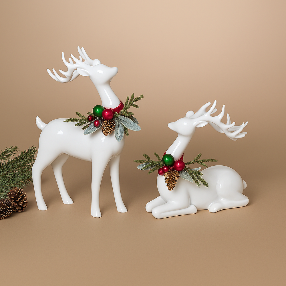 12" - 18" White Deer With Greenery Assorted Set Of 2