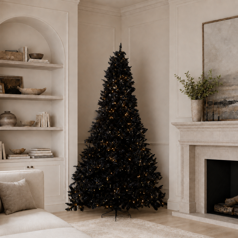 Black Tinsel Tree Pre-Lit Warm White LED Lights