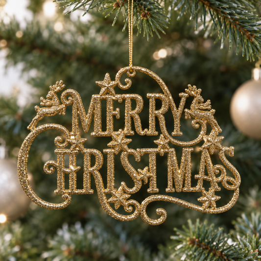 7" Gold Gliter Merry Christmas Sign Ornament Set Of 6