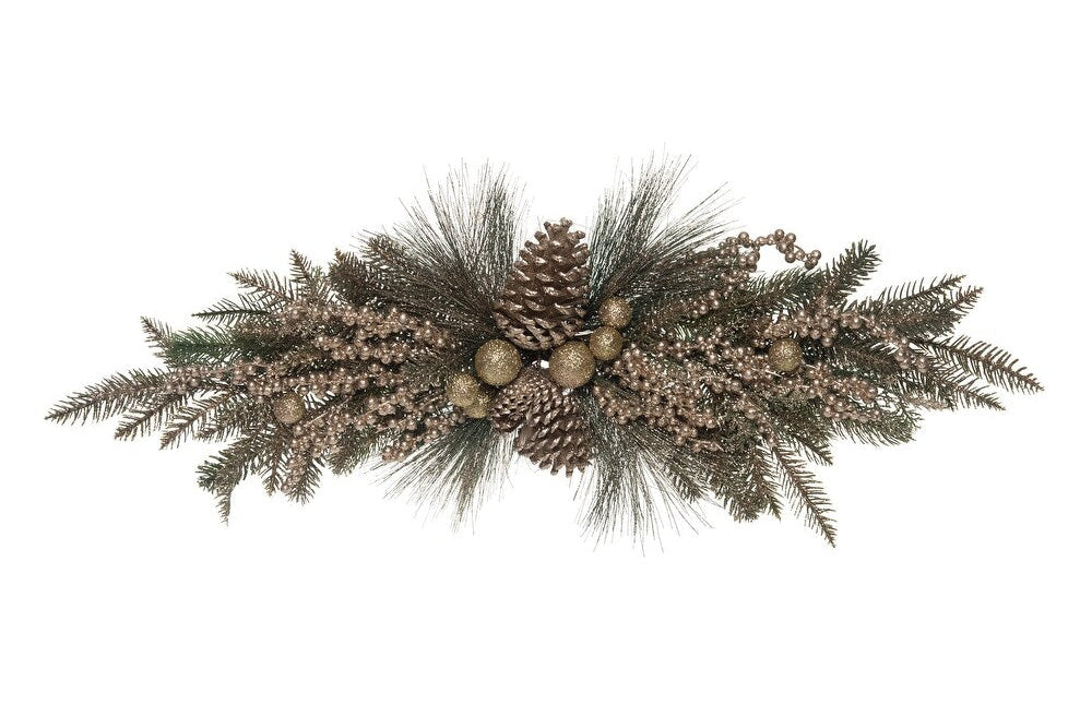 Decorative arrangement with pine cones and branches on a white background