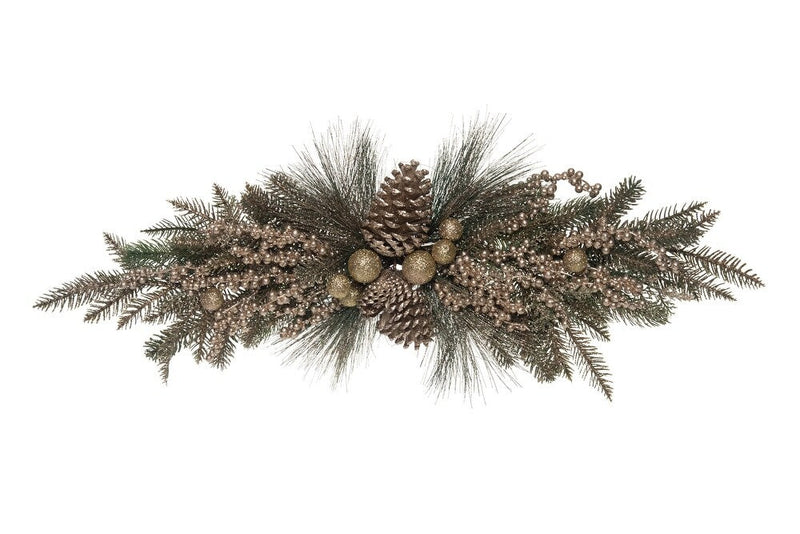Decorative arrangement with pine cones and branches on a white background