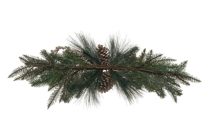 Decorative branch with pine cones on a white background